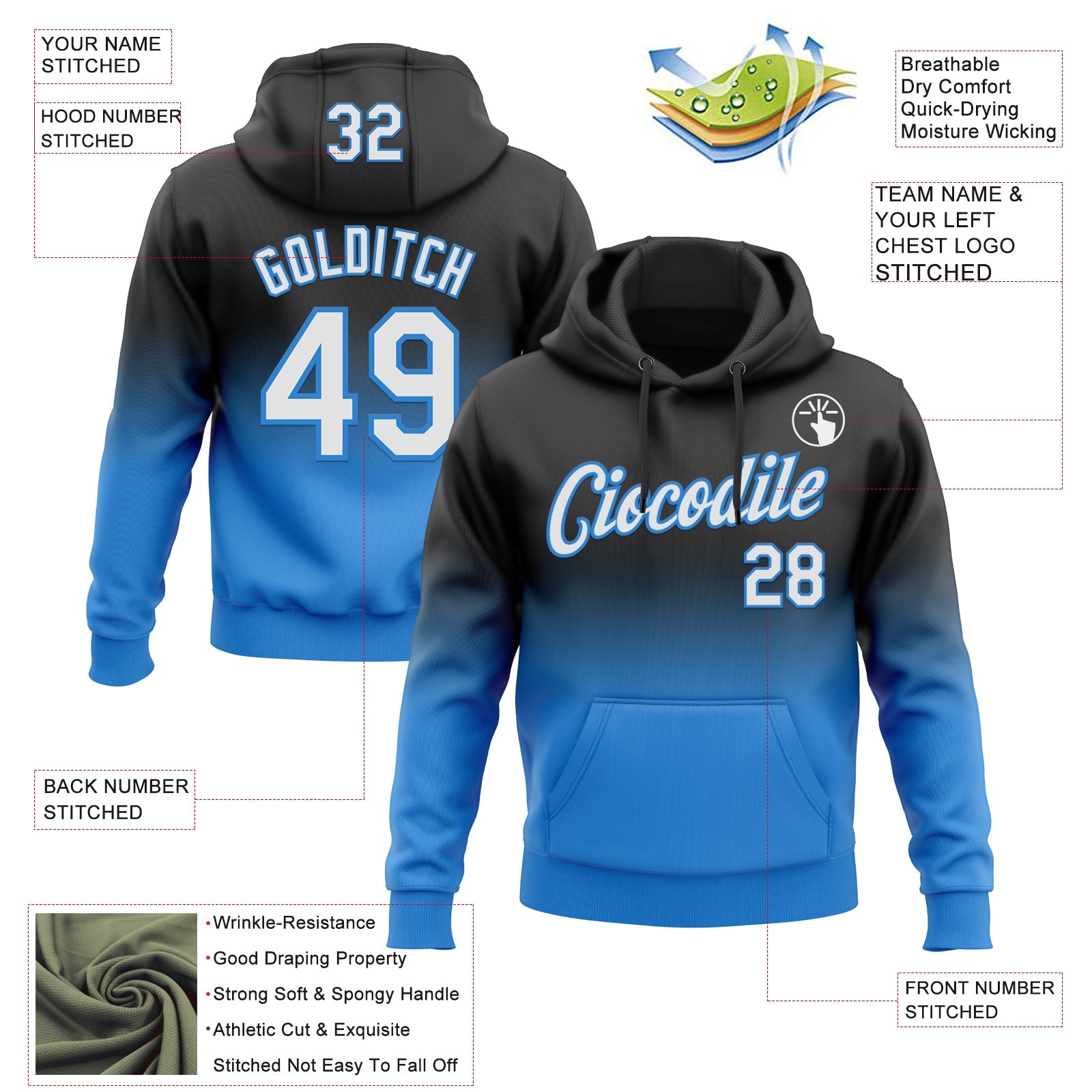 Custom Stitched Black White-Powder Blue Fade Fashion Sports Pullover Sweatshirt Hoodie