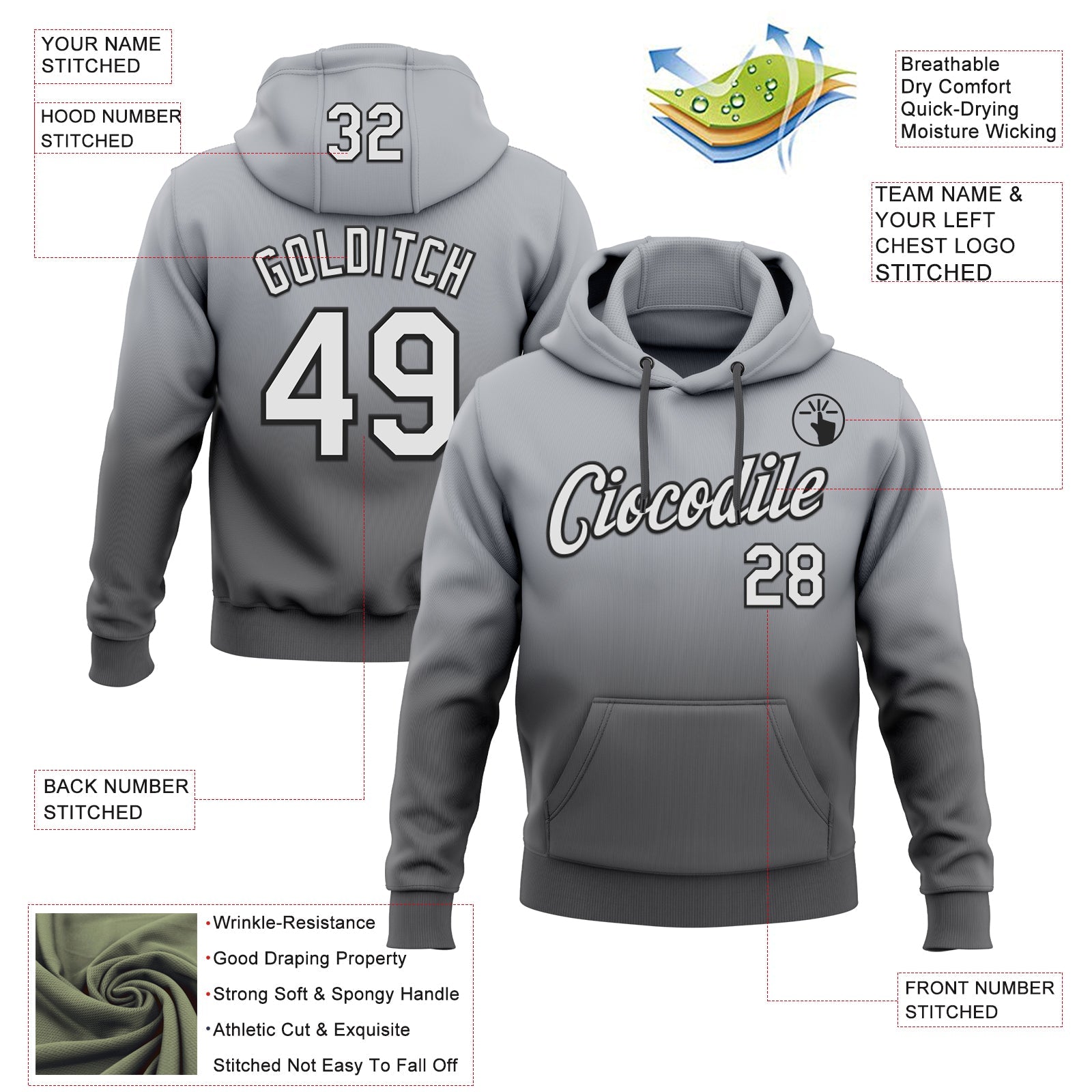 Custom Stitched Gray White Steel Gray-Black Fade Fashion Sports Pullover Sweatshirt Hoodie