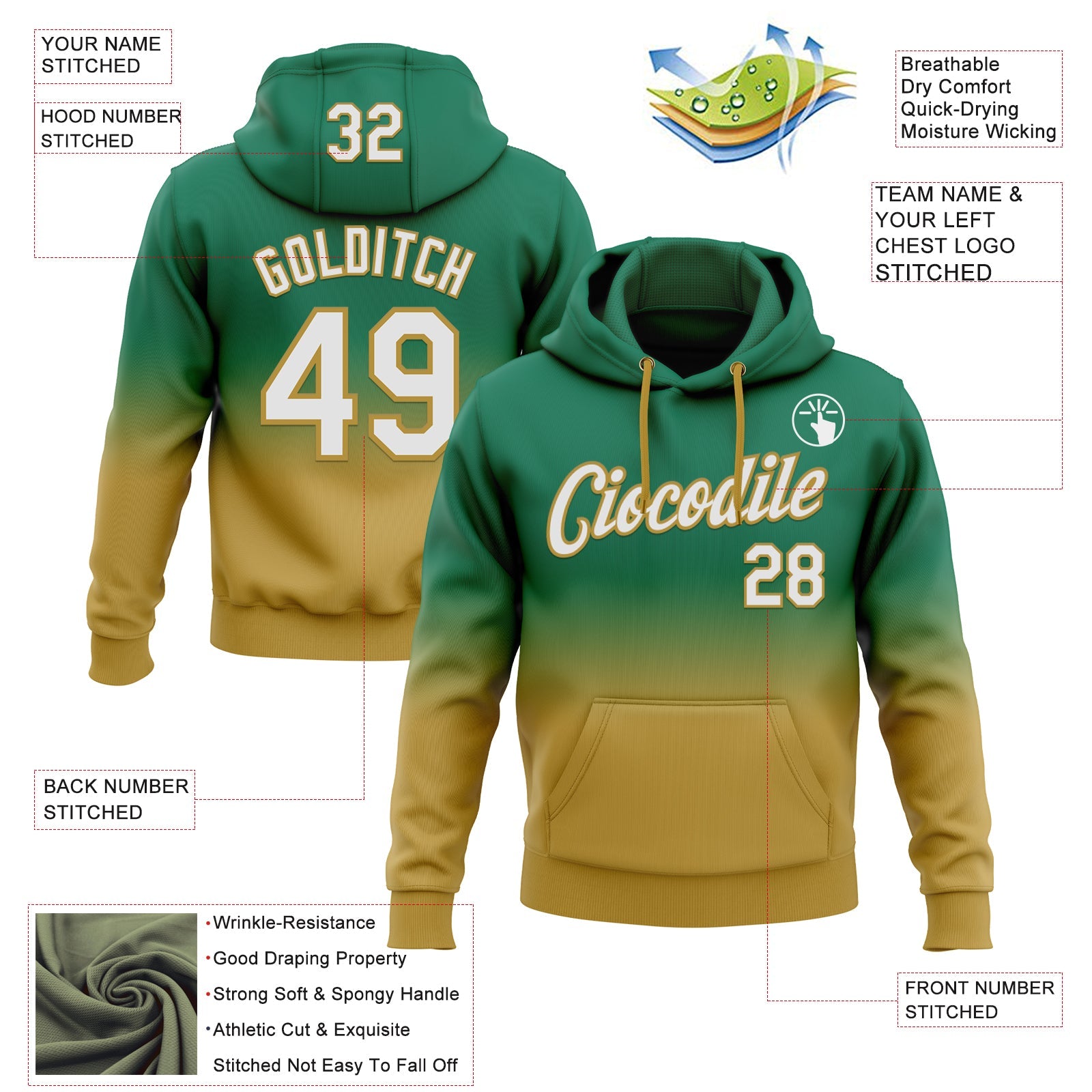 Custom Stitched Kelly Green White-Old Gold Fade Fashion Sports Pullover Sweatshirt Hoodie