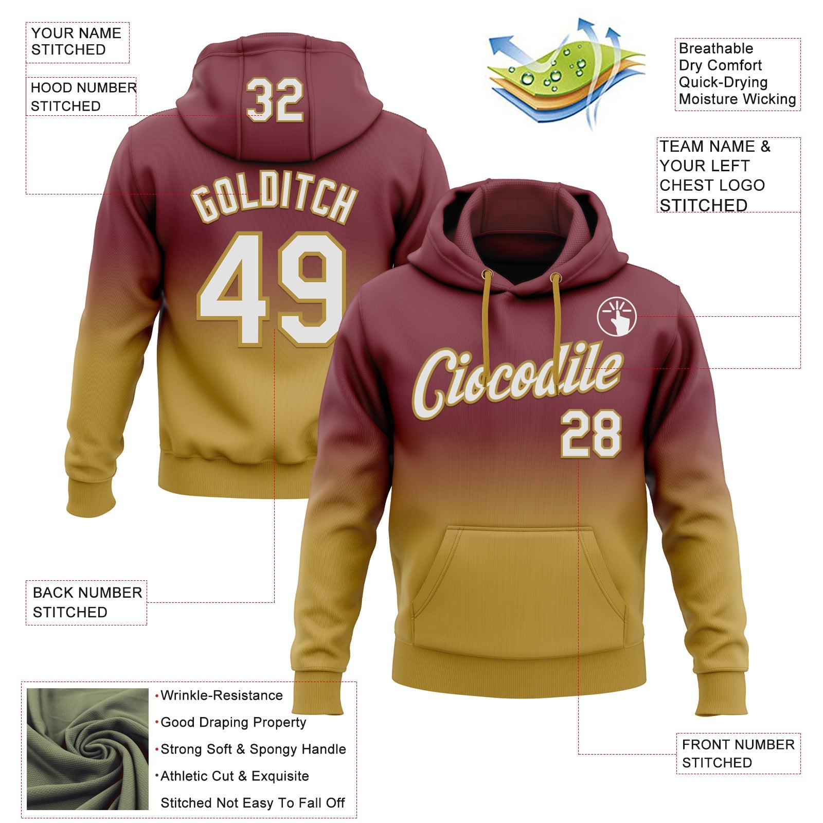 Custom Stitched Burgundy White-Old Gold Fade Fashion Sports Pullover Sweatshirt Hoodie