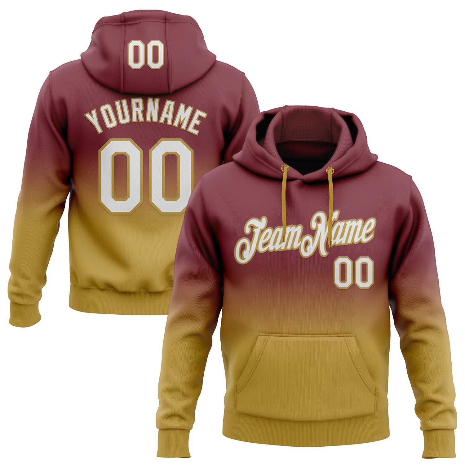 Custom Stitched Burgundy White-Old Gold Fade Fashion Sports Pullover Sweatshirt Hoodie