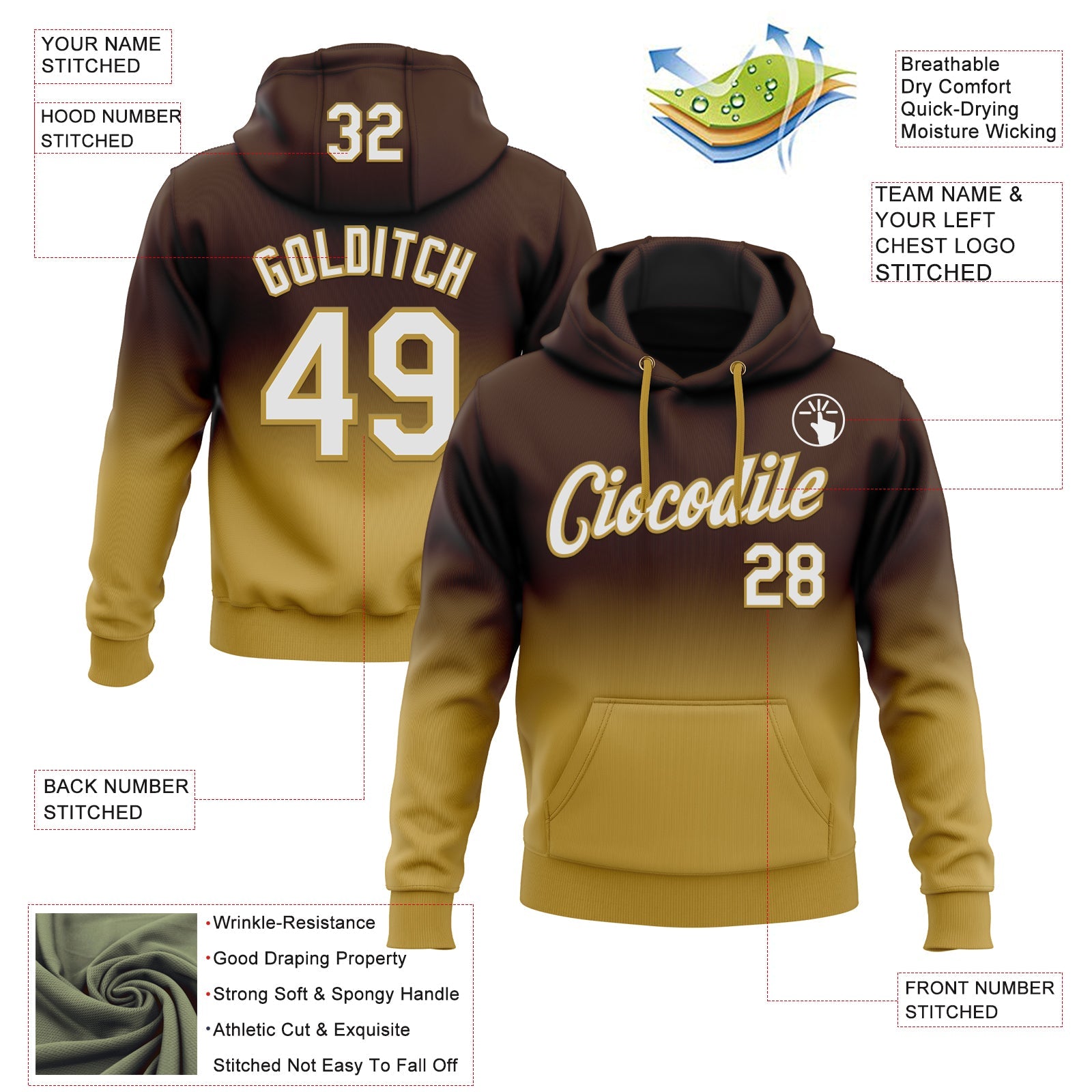 Custom Stitched Brown White-Old Gold Fade Fashion Sports Pullover Sweatshirt Hoodie