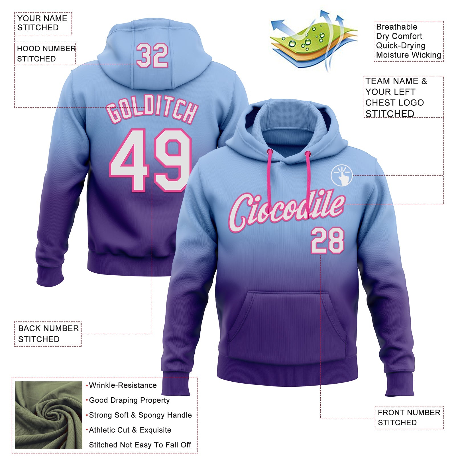 Custom Stitched Light Blue White Purple-Pink Fade Fashion Sports Pullover Sweatshirt Hoodie