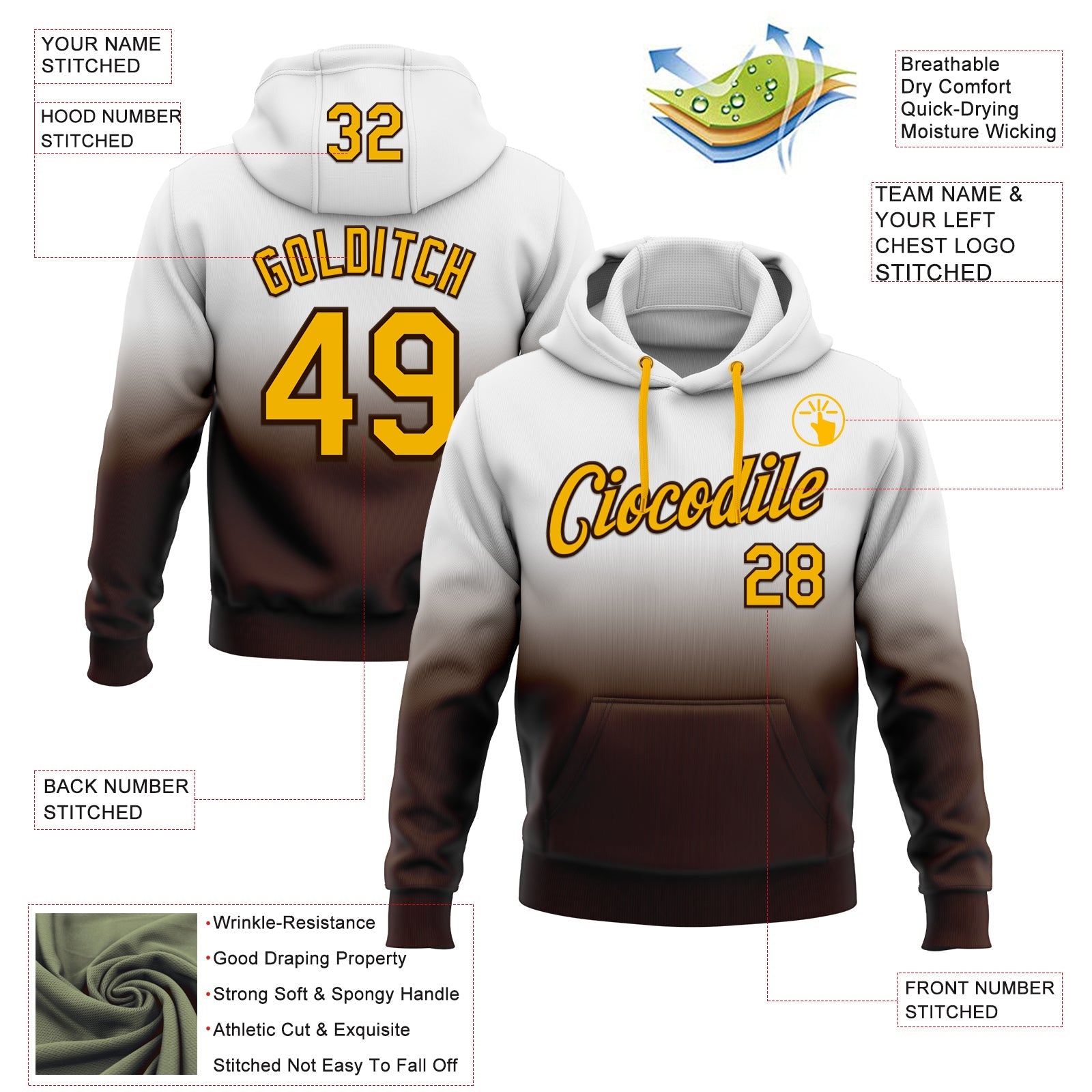 Custom Stitched White Gold-Brown Fade Fashion Sports Pullover Sweatshirt Hoodie