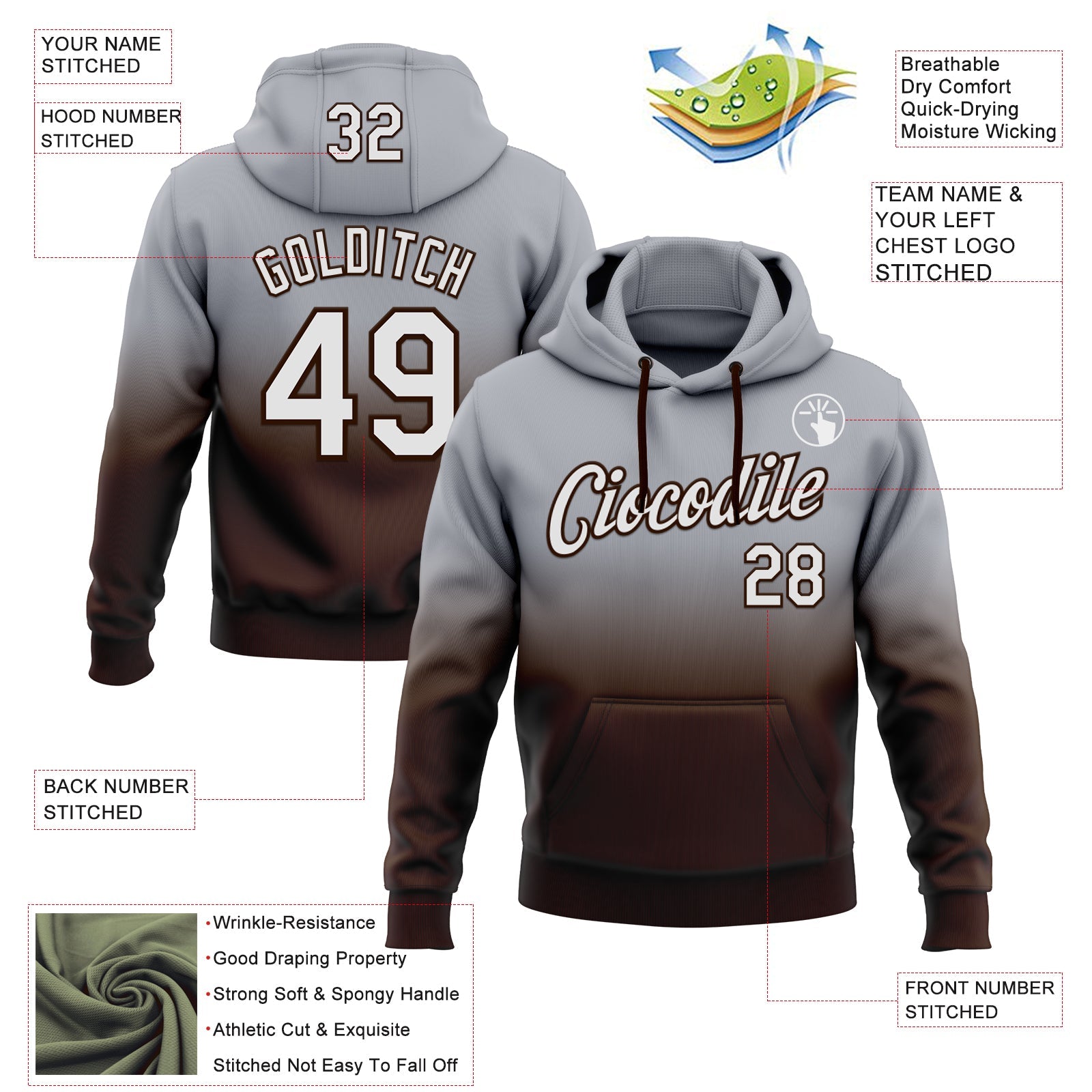 Custom Stitched Gray White-Brown Fade Fashion Sports Pullover Sweatshirt Hoodie