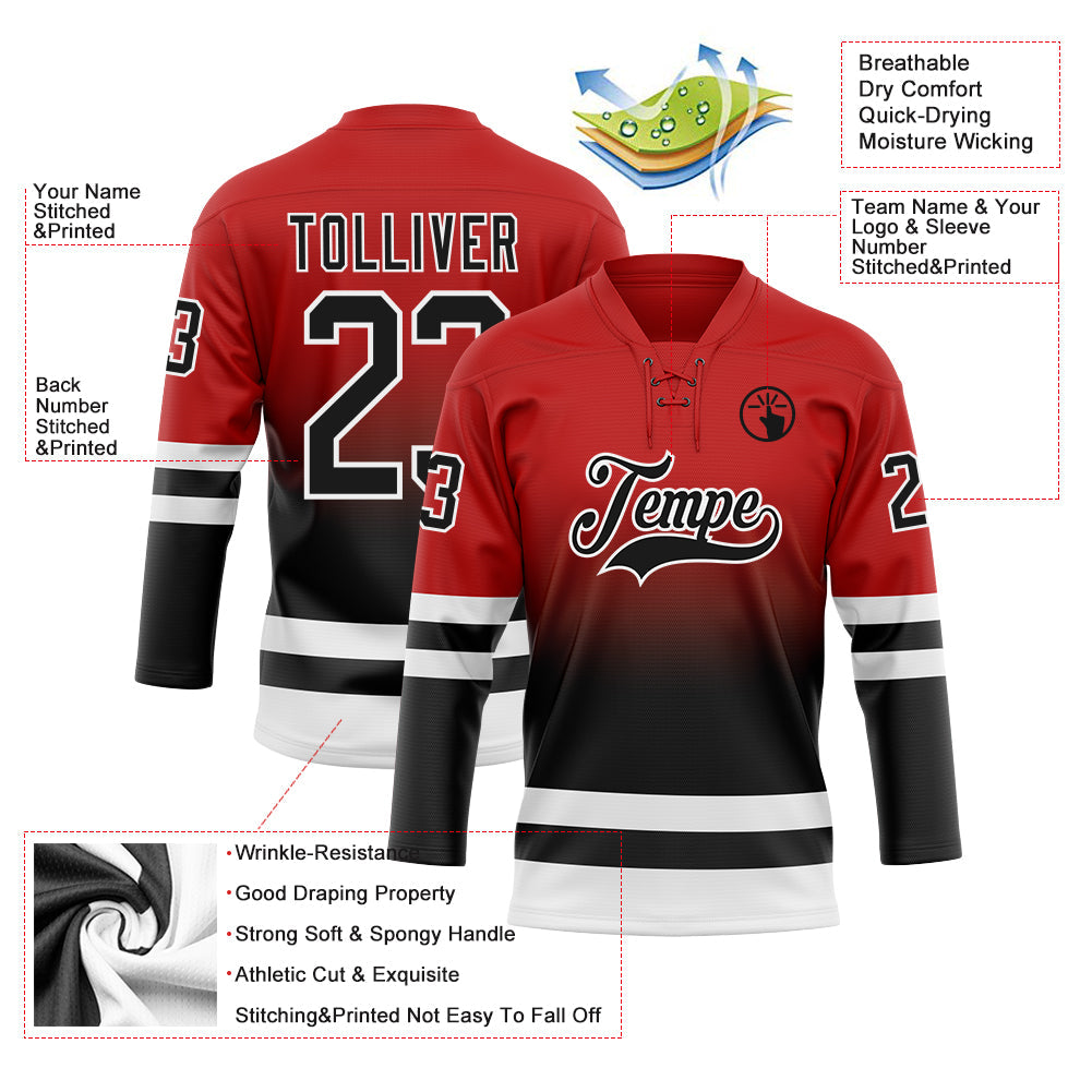 Custom Red Black-White Fade Fashion Hockey Lace Neck Jersey