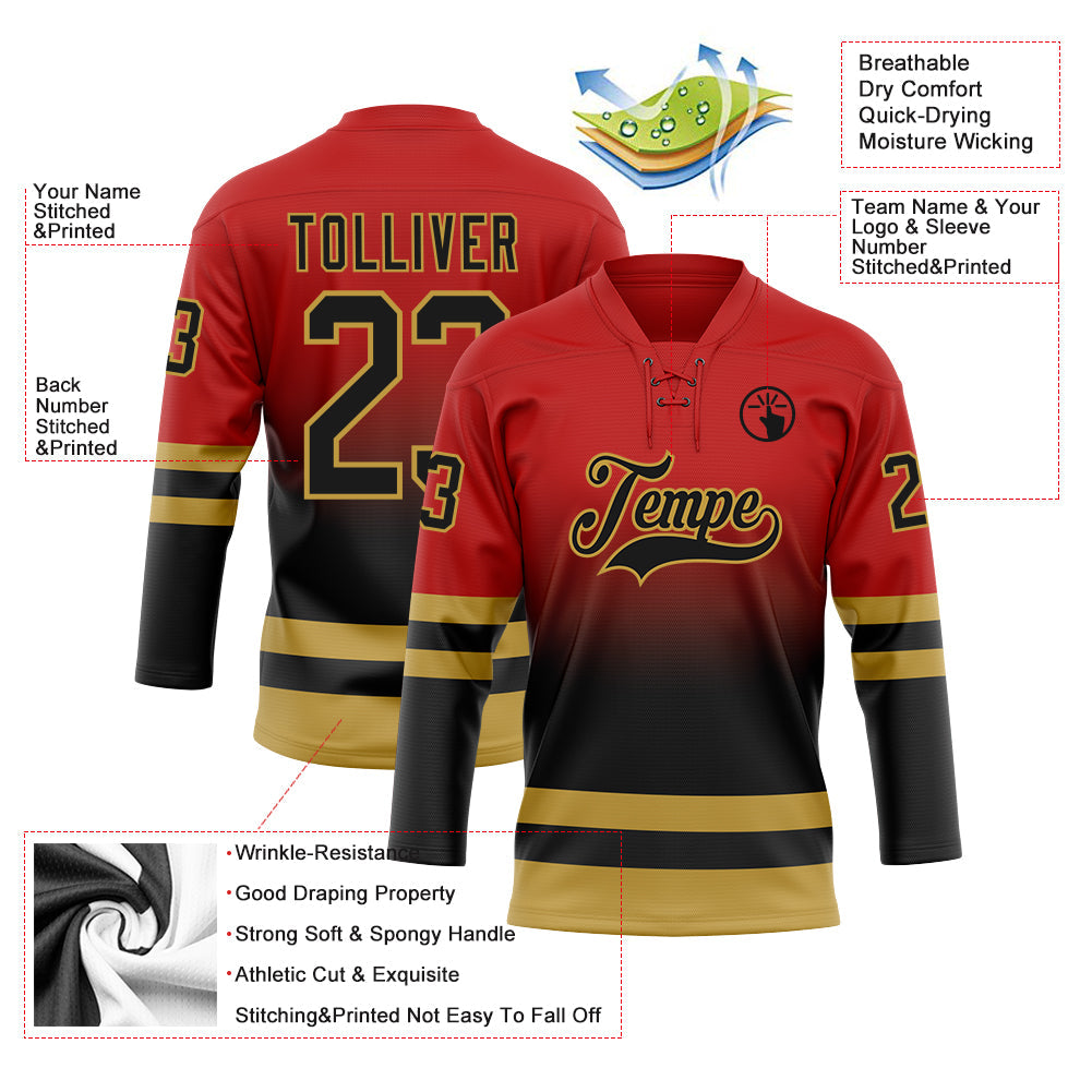 Custom Red Black-Old Gold Fade Fashion Hockey Lace Neck Jersey