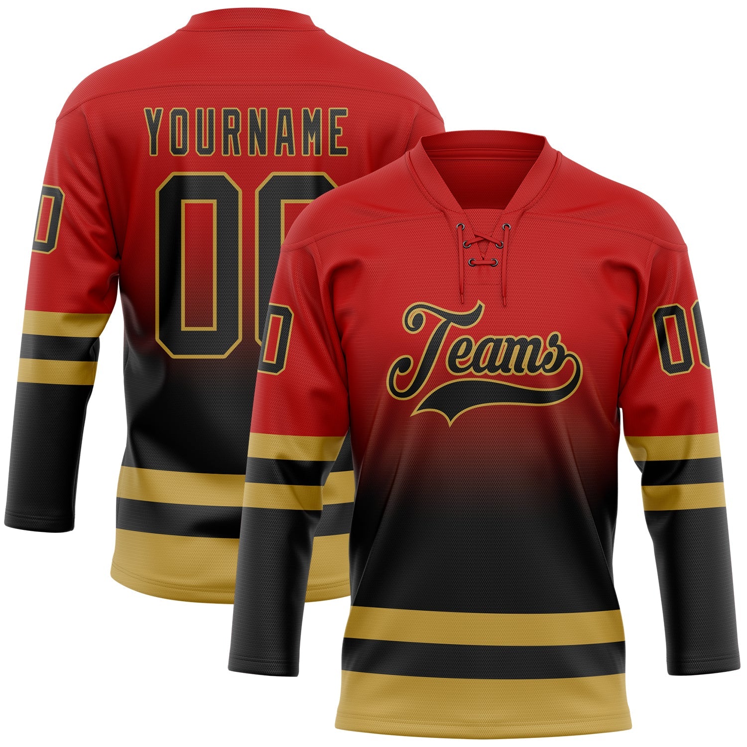 Custom Red Black-Old Gold Fade Fashion Hockey Lace Neck Jersey