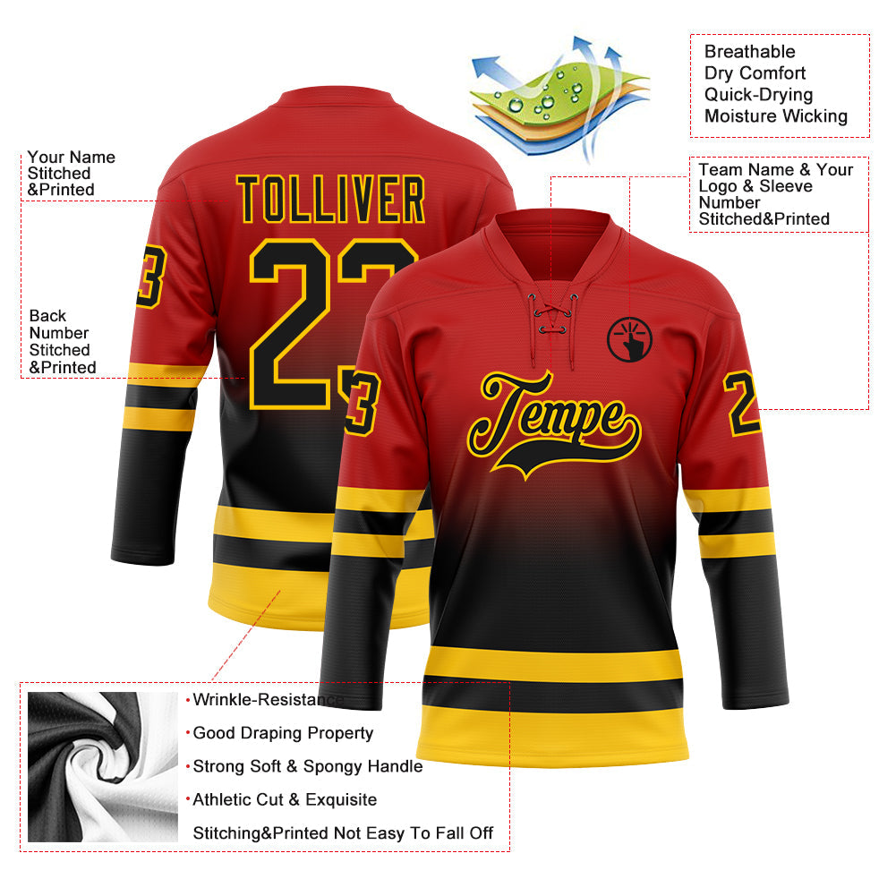 Custom Red Black-Yellow Fade Fashion Hockey Lace Neck Jersey