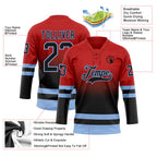 Custom Red Black-Light Blue Fade Fashion Hockey Lace Neck Jersey