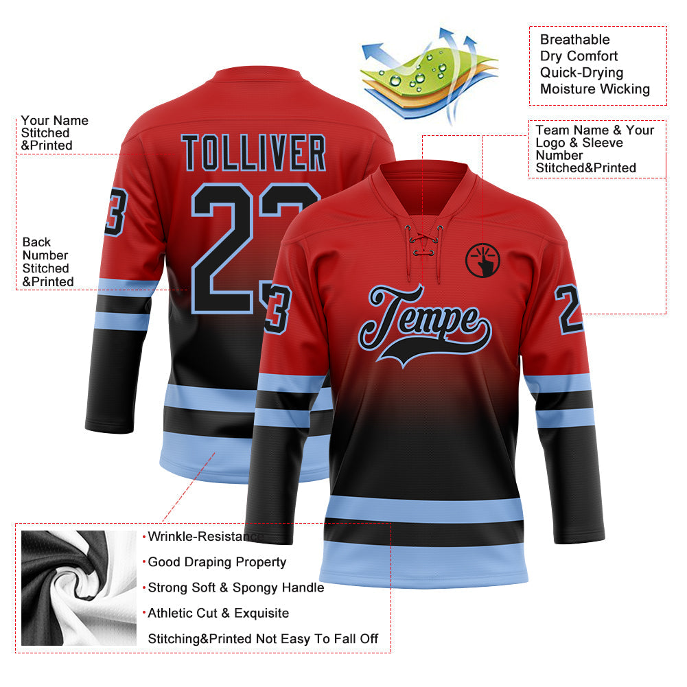 Custom Red Black-Light Blue Fade Fashion Hockey Lace Neck Jersey