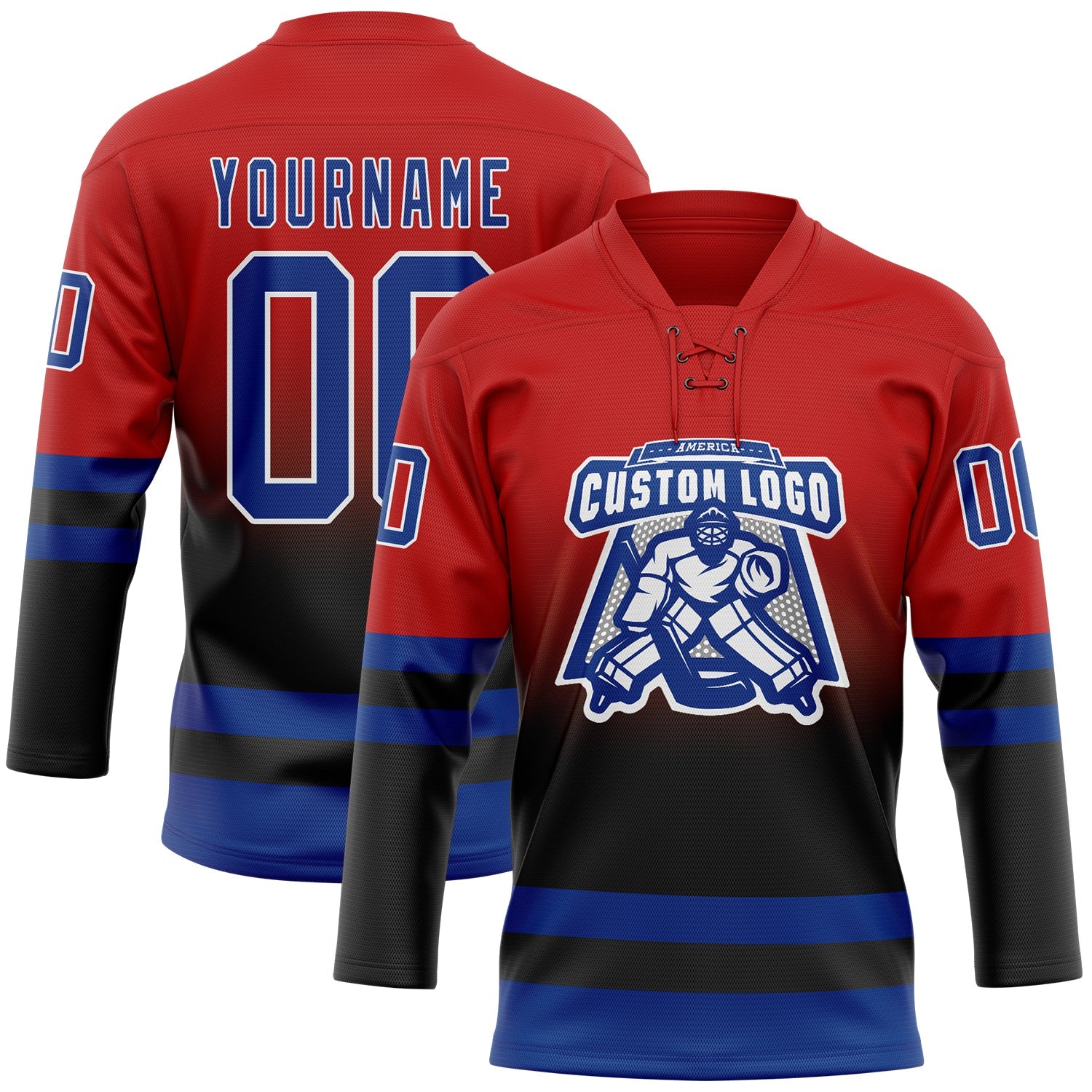 Custom Red Royal Black-White Fade Fashion Hockey Lace Neck Jersey