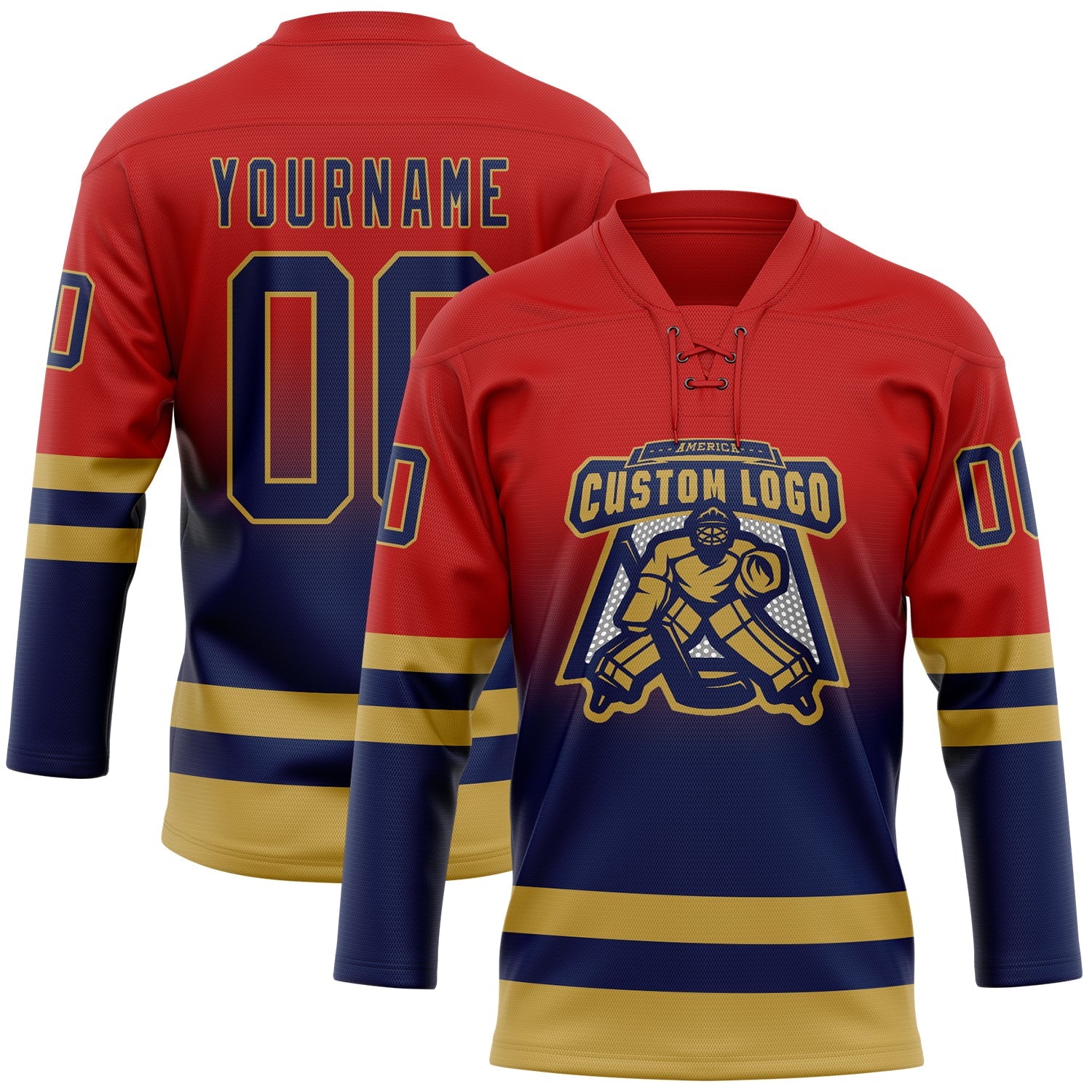 Custom Red Navy-Old Gold Fade Fashion Hockey Lace Neck Jersey