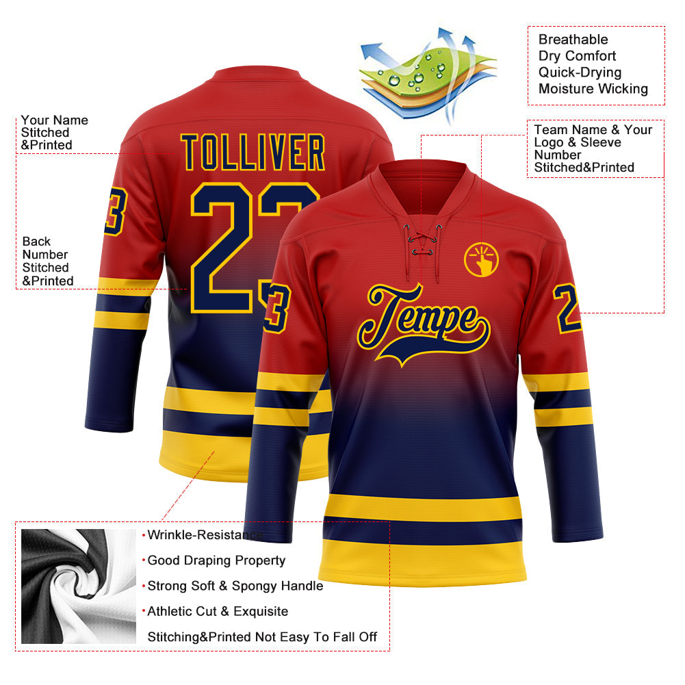 Custom Red Navy-Yellow Fade Fashion Hockey Lace Neck Jersey