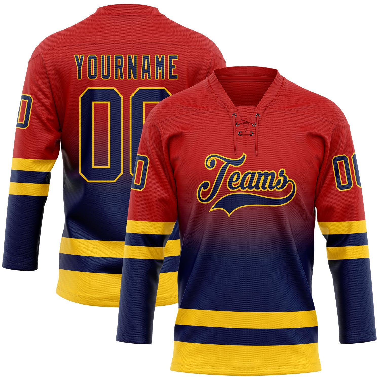 Custom Red Navy-Yellow Fade Fashion Hockey Lace Neck Jersey