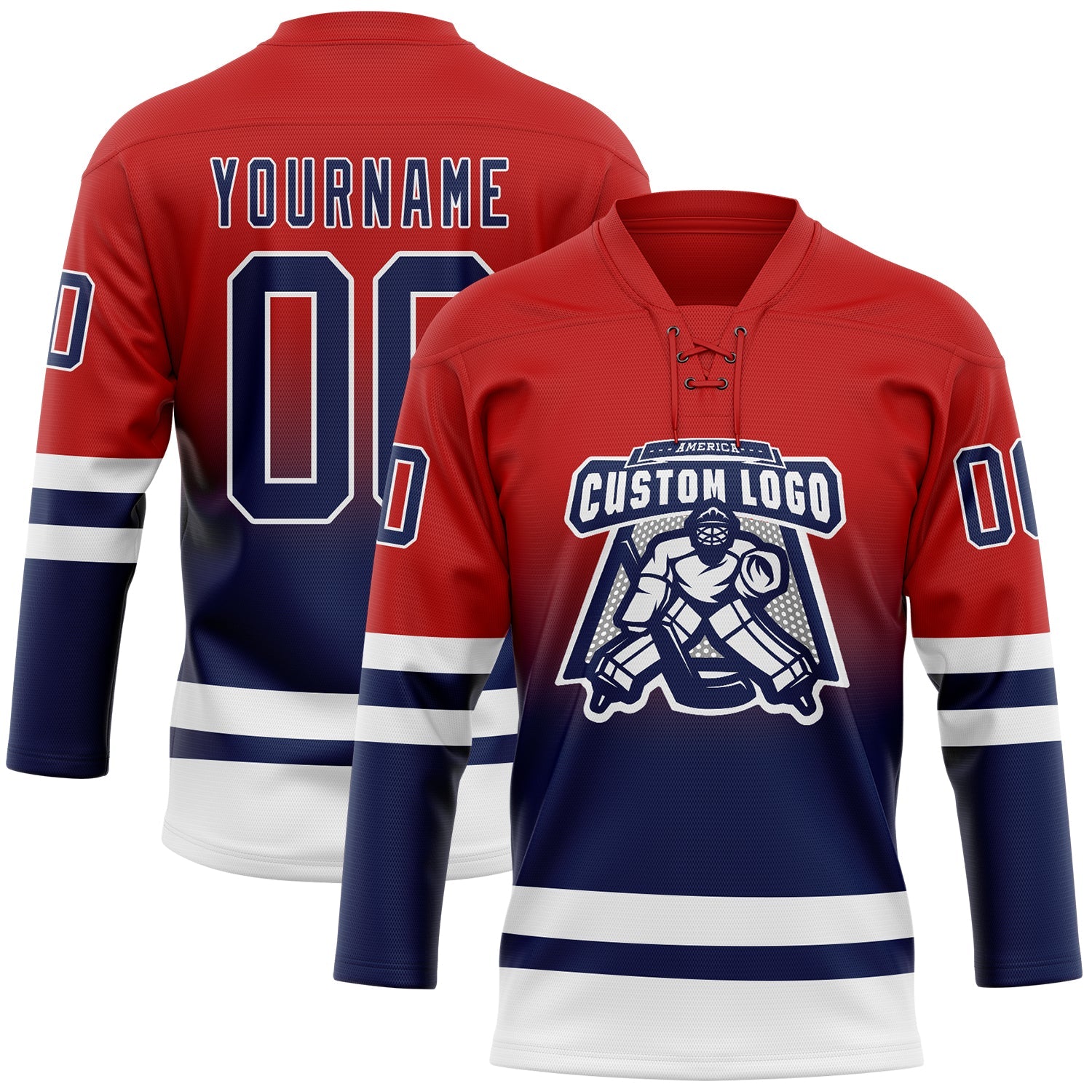 Custom Red Navy-White Fade Fashion Hockey Lace Neck Jersey