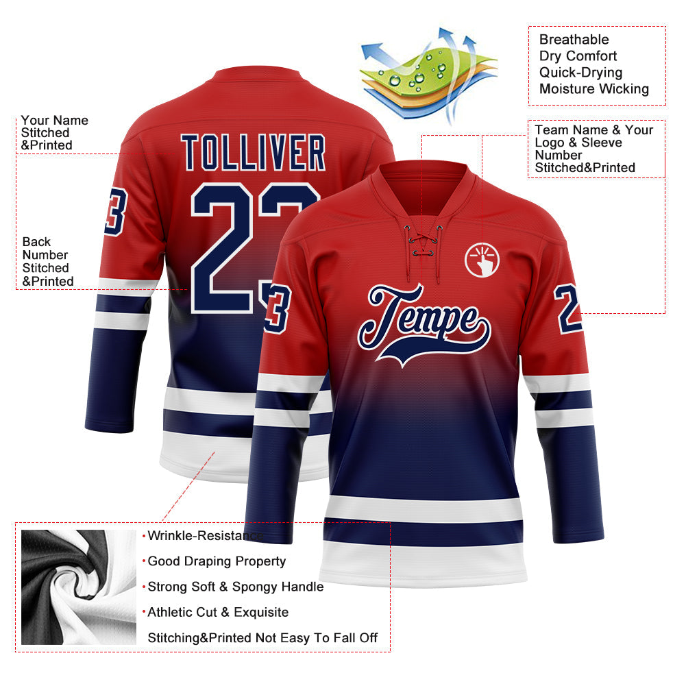 Custom Red Navy-White Fade Fashion Hockey Lace Neck Jersey
