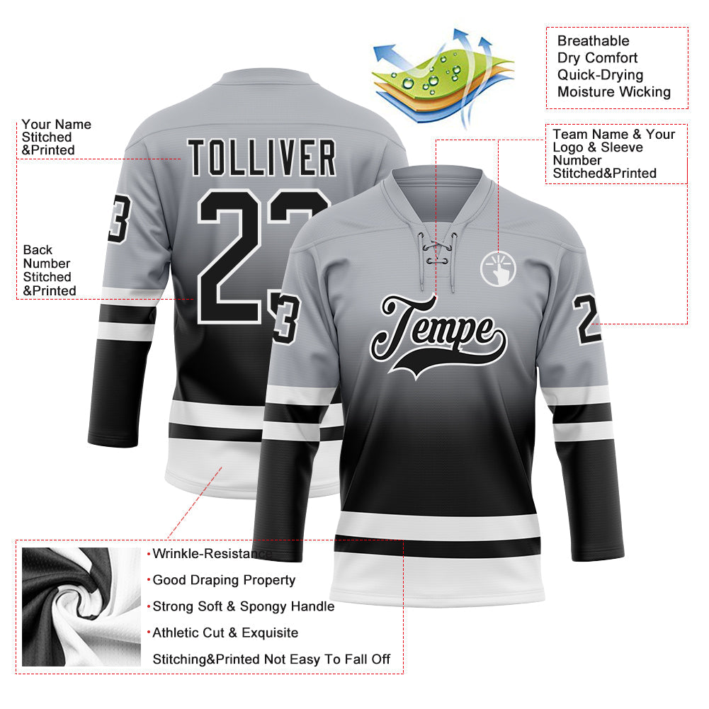 Custom Gray Black-White Fade Fashion Hockey Lace Neck Jersey