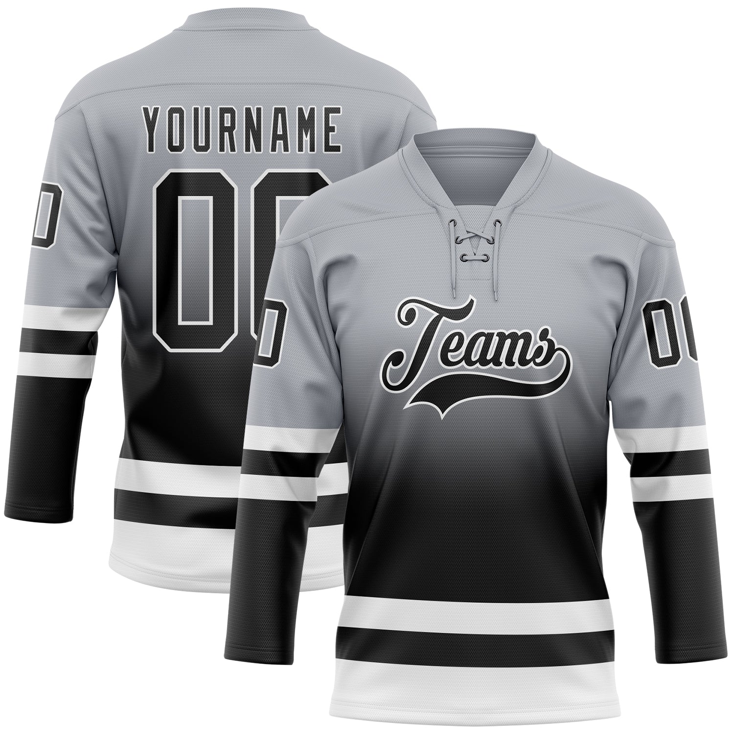 Custom Gray Black-White Fade Fashion Hockey Lace Neck Jersey
