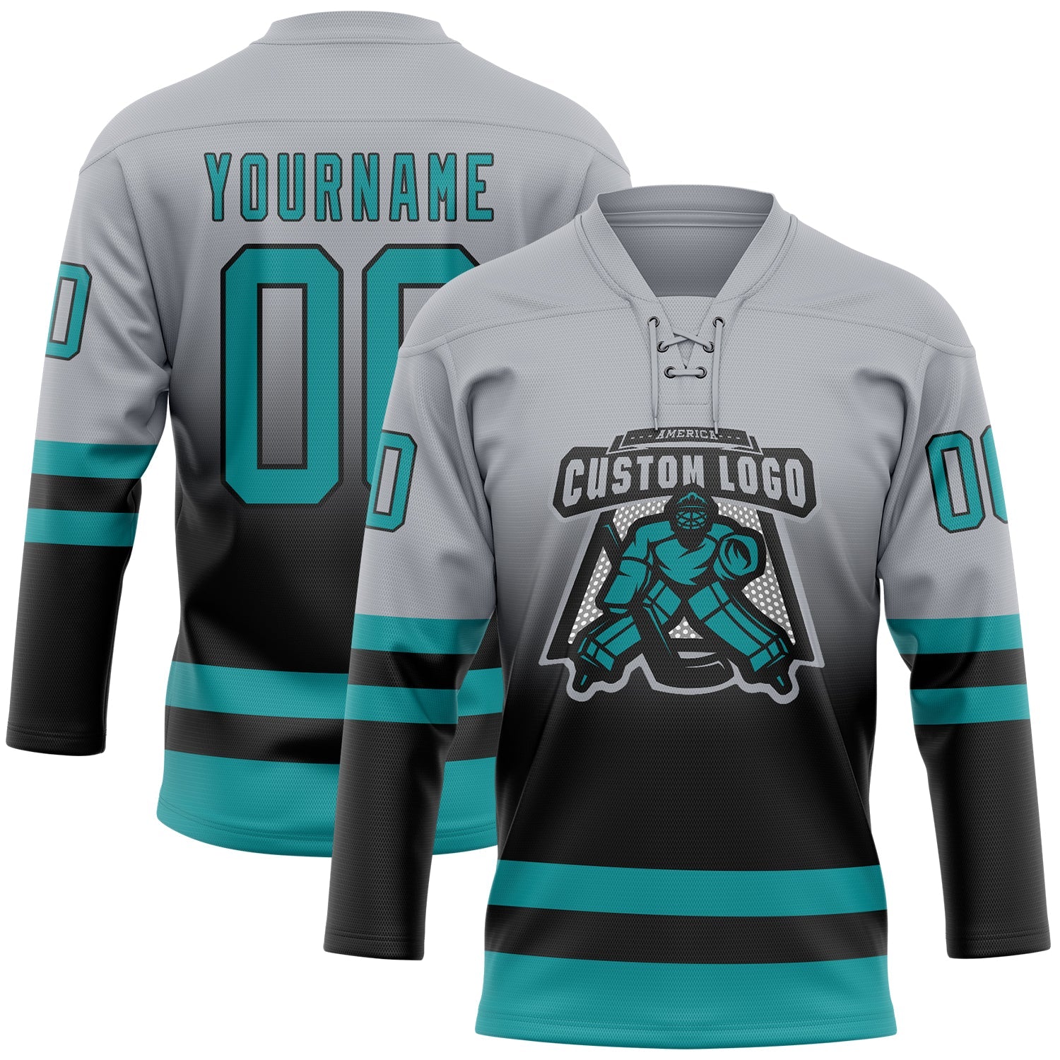 Custom Gray Teal-Black Fade Fashion Hockey Lace Neck Jersey
