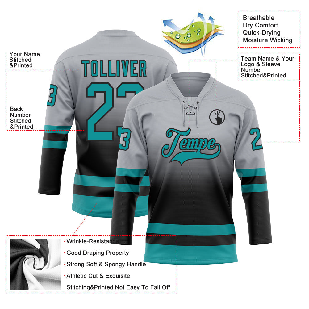 Custom Gray Teal-Black Fade Fashion Hockey Lace Neck Jersey