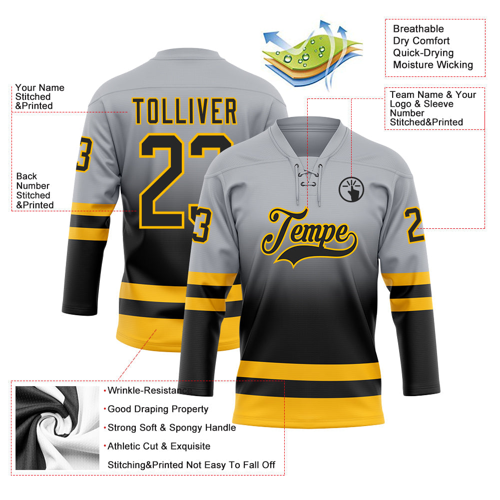 Custom Gray Black-Gold Fade Fashion Hockey Lace Neck Jersey