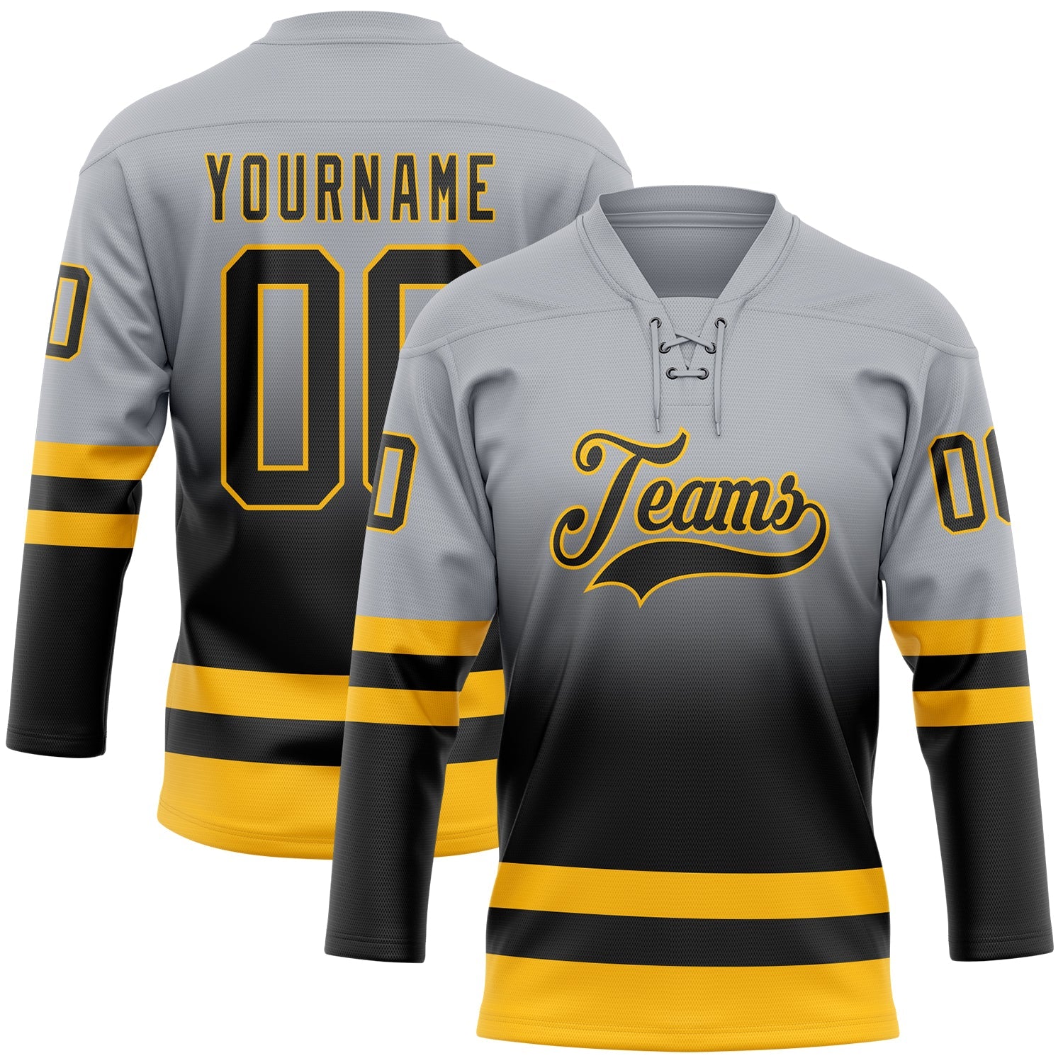 Custom Gray Black-Gold Fade Fashion Hockey Lace Neck Jersey