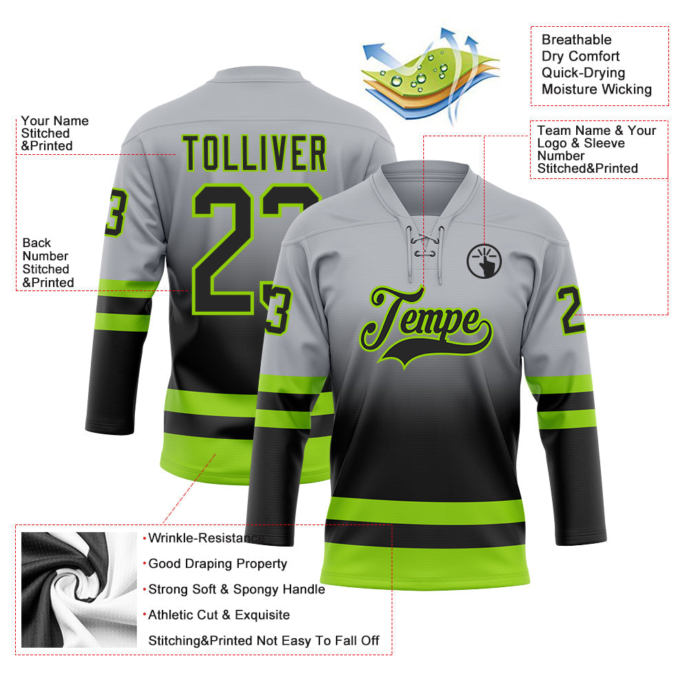 Custom Gray Black-Neon Green Fade Fashion Hockey Lace Neck Jersey