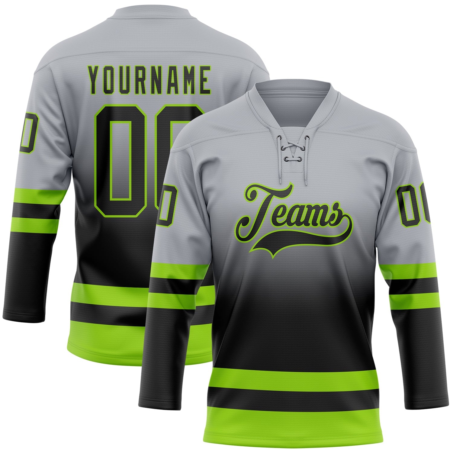 Custom Gray Black-Neon Green Fade Fashion Hockey Lace Neck Jersey