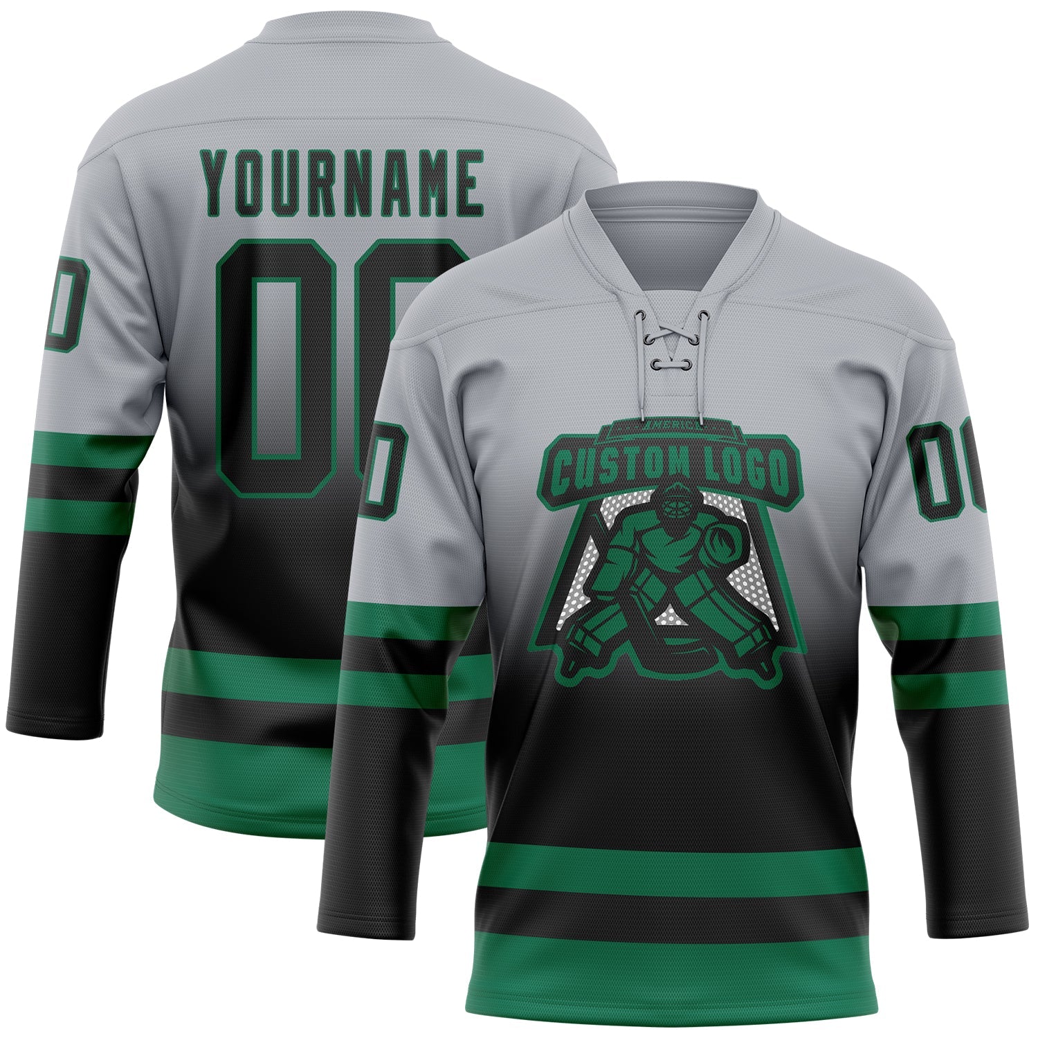 Custom Gray Black-Kelly Green Fade Fashion Hockey Lace Neck Jersey