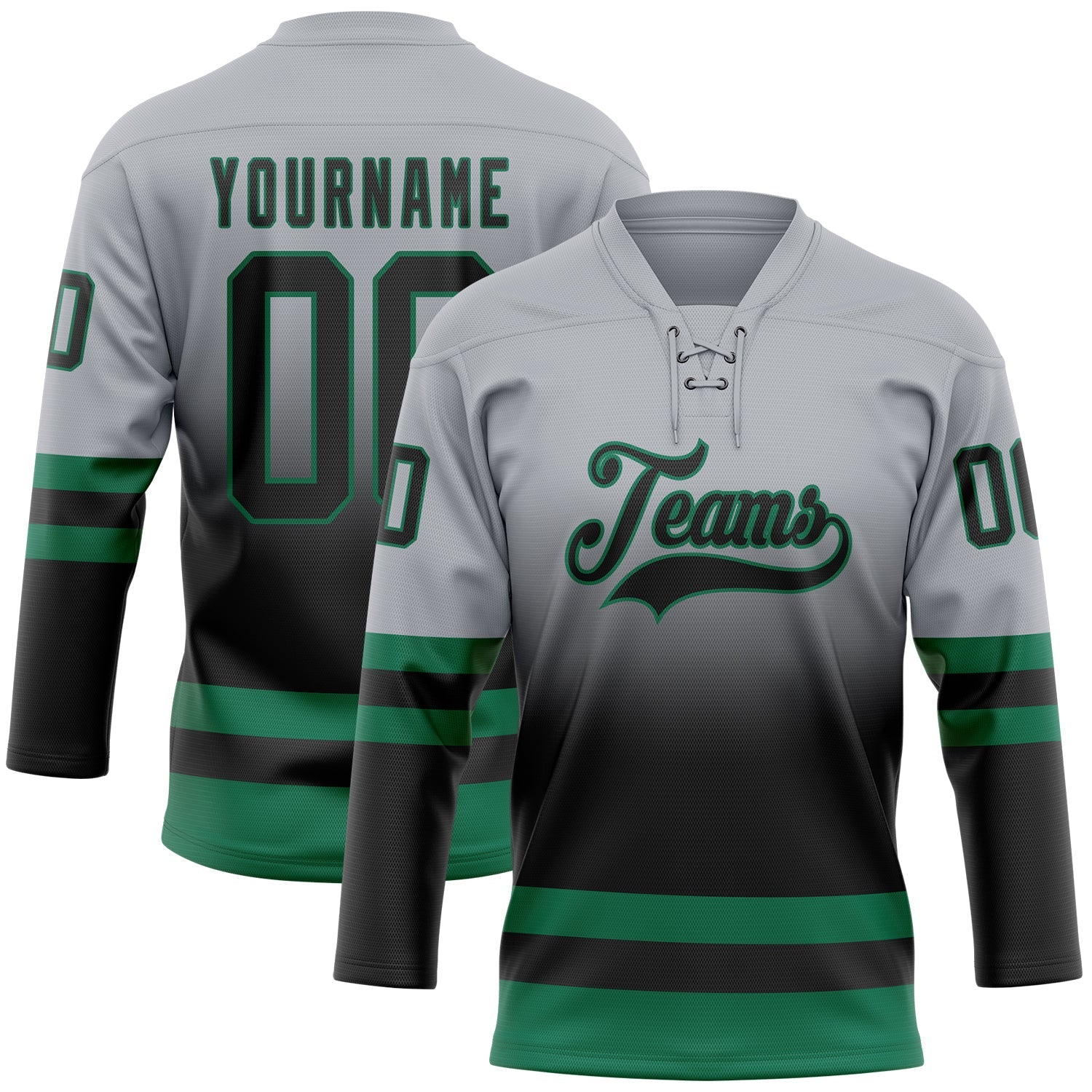 Custom Gray Black-Kelly Green Fade Fashion Hockey Lace Neck Jersey