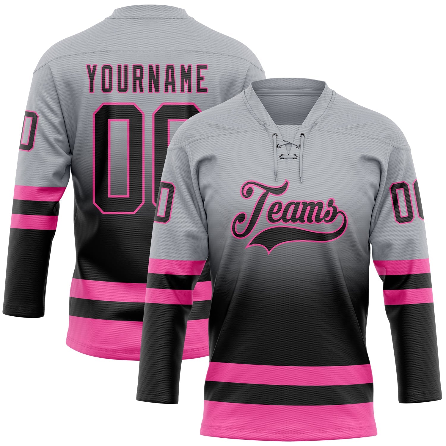 Custom Gray Black-Pink Fade Fashion Hockey Lace Neck Jersey