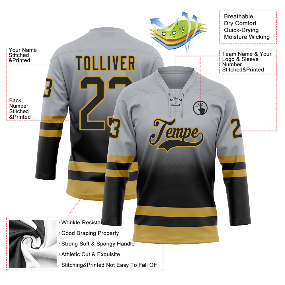 Custom Gray Black-Old Gold Fade Fashion Hockey Lace Neck Jersey