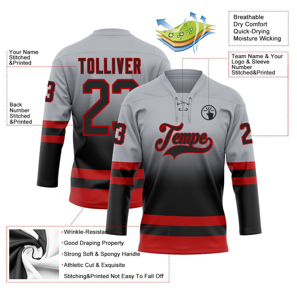 Custom Gray Black-Red Fade Fashion Hockey Lace Neck Jersey