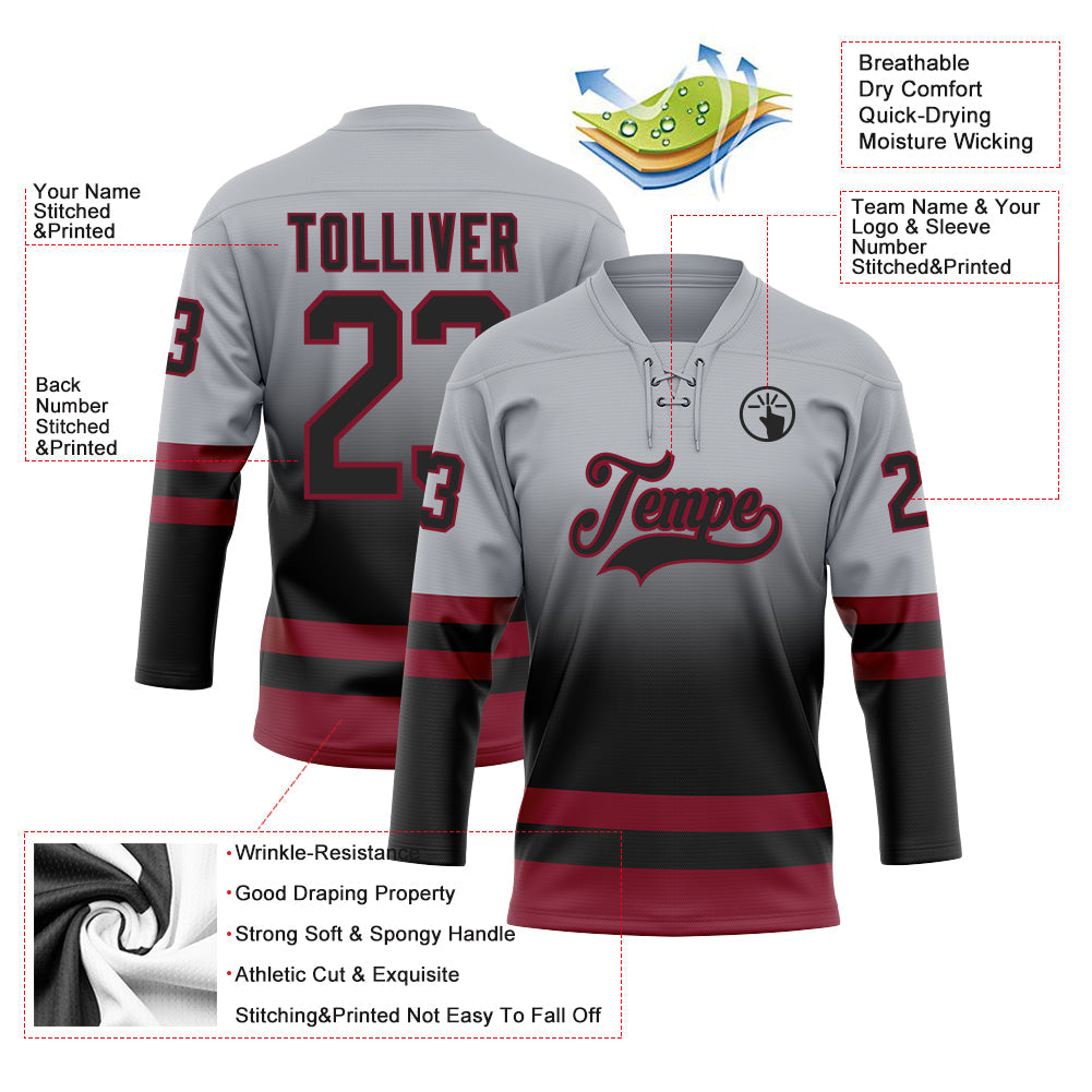 Custom Gray Black-Crimson Fade Fashion Hockey Lace Neck Jersey