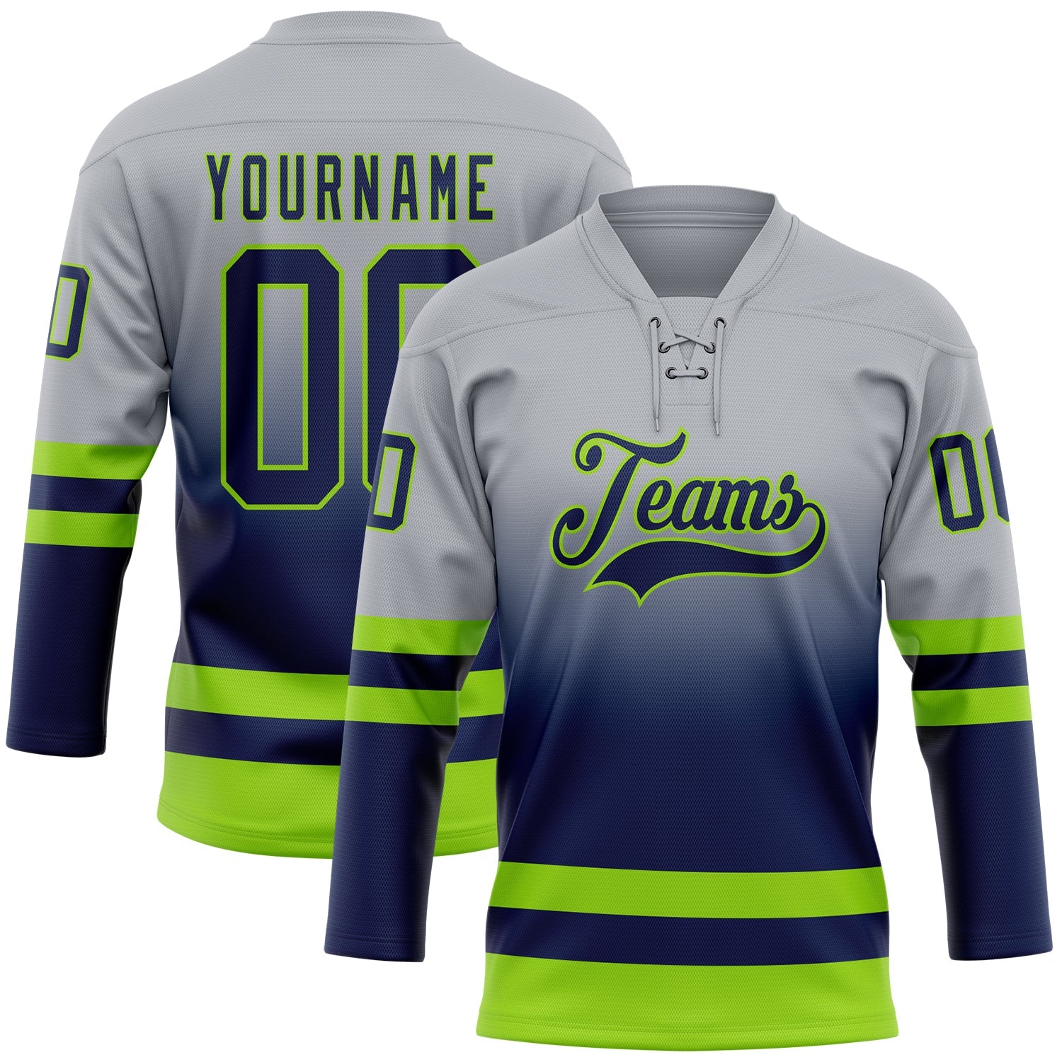 Custom Gray Navy-Neon Green Fade Fashion Hockey Lace Neck Jersey