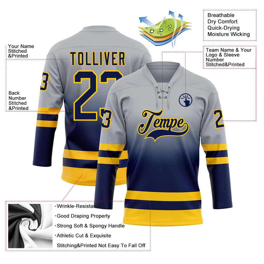 Custom Gray Navy-Gold Fade Fashion Hockey Lace Neck Jersey