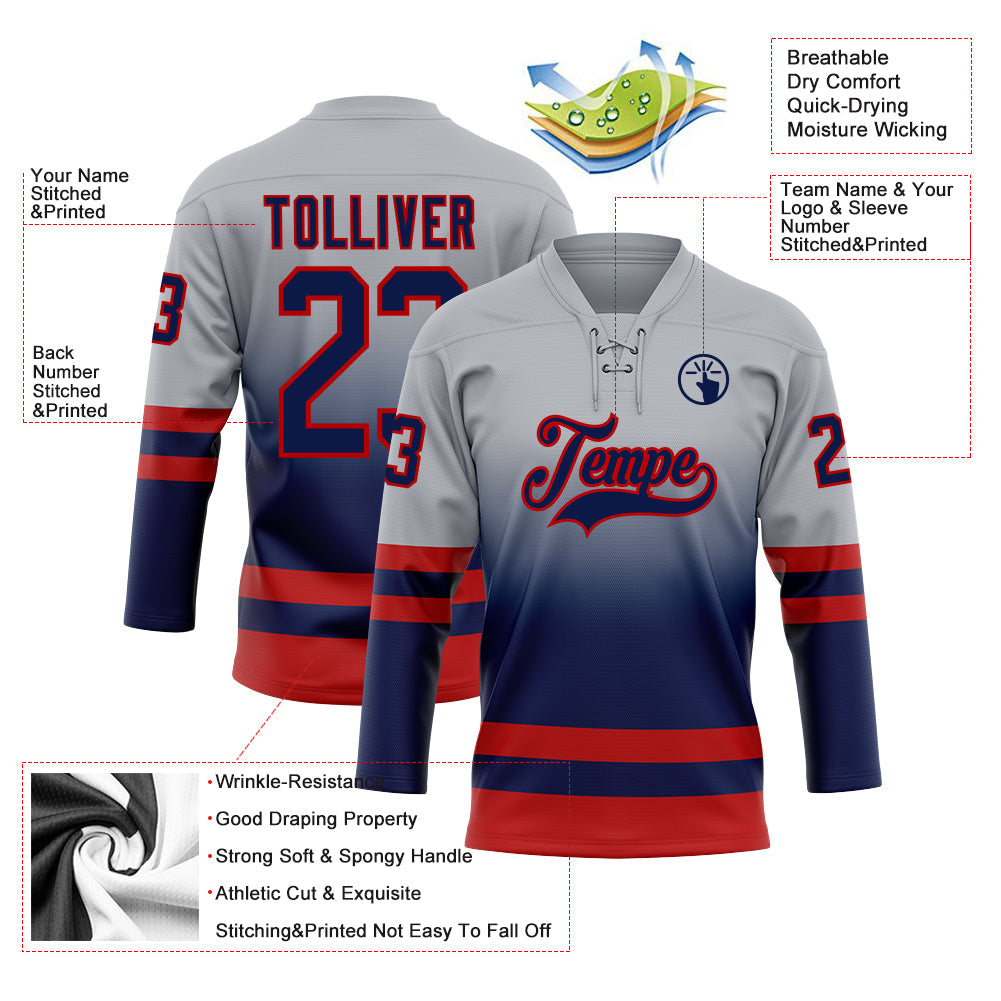 Custom Gray Navy-Red Fade Fashion Hockey Lace Neck Jersey
