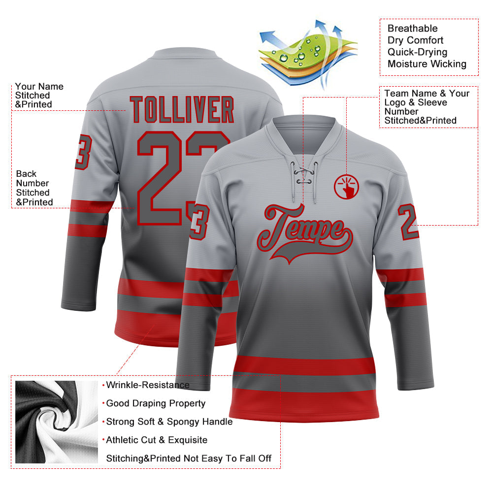 Custom Gray Steel Gray-Red Fade Fashion Hockey Lace Neck Jersey