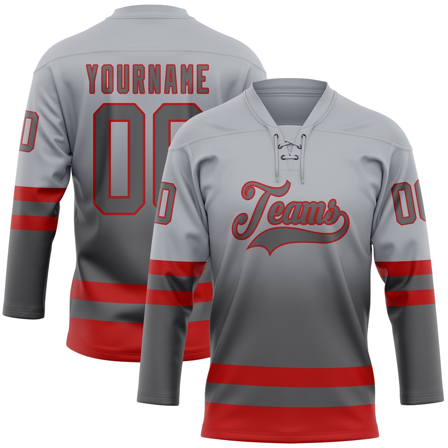 Custom Gray Steel Gray-Red Fade Fashion Hockey Lace Neck Jersey