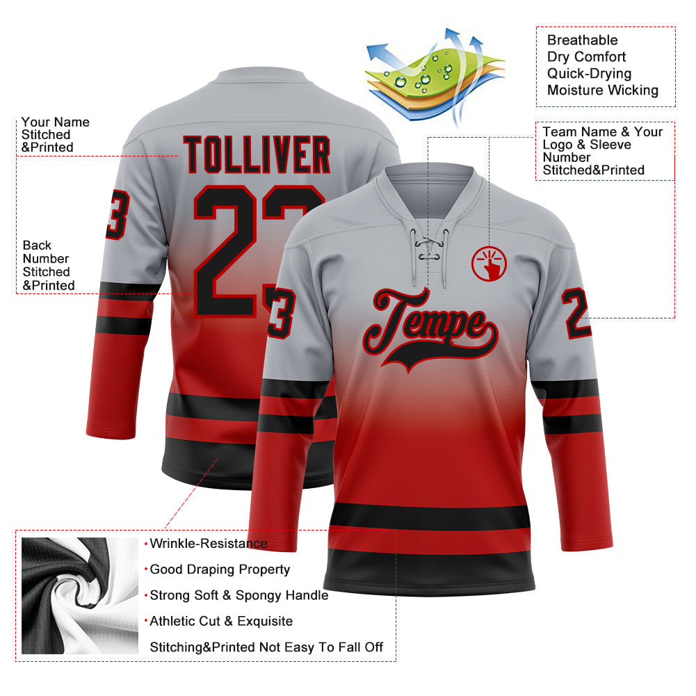 Custom Gray Black-Red Fade Fashion Hockey Lace Neck Jersey