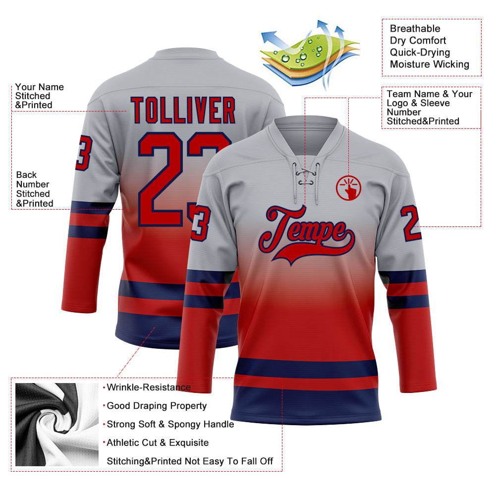 Custom Gray Red-Navy Fade Fashion Hockey Lace Neck Jersey