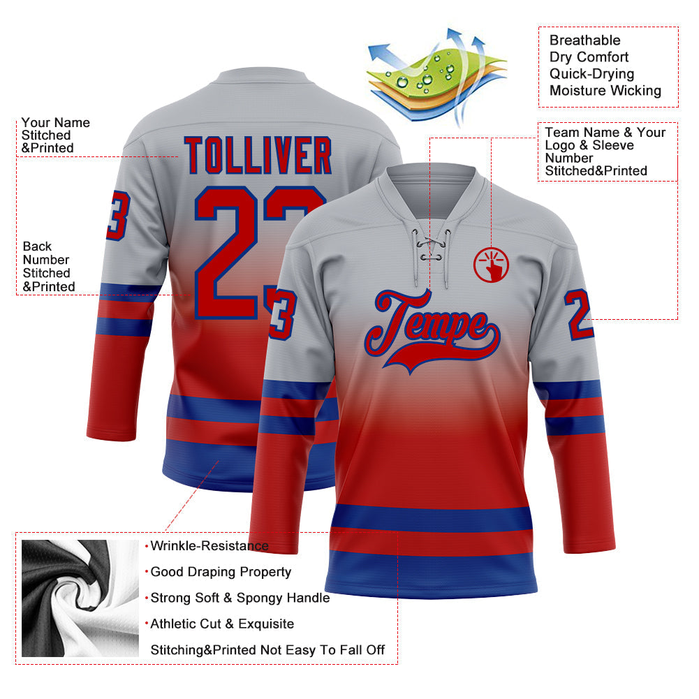 Custom Gray Red-Royal Fade Fashion Hockey Lace Neck Jersey
