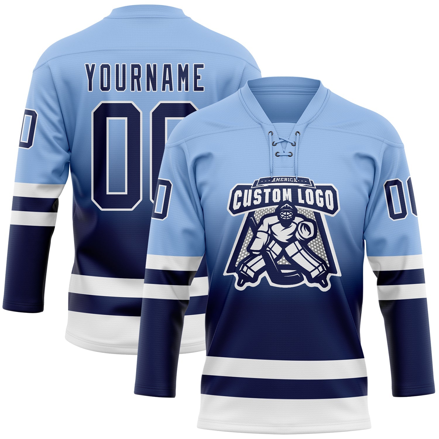 Custom Light Blue Navy-White Fade Fashion Hockey Lace Neck Jersey
