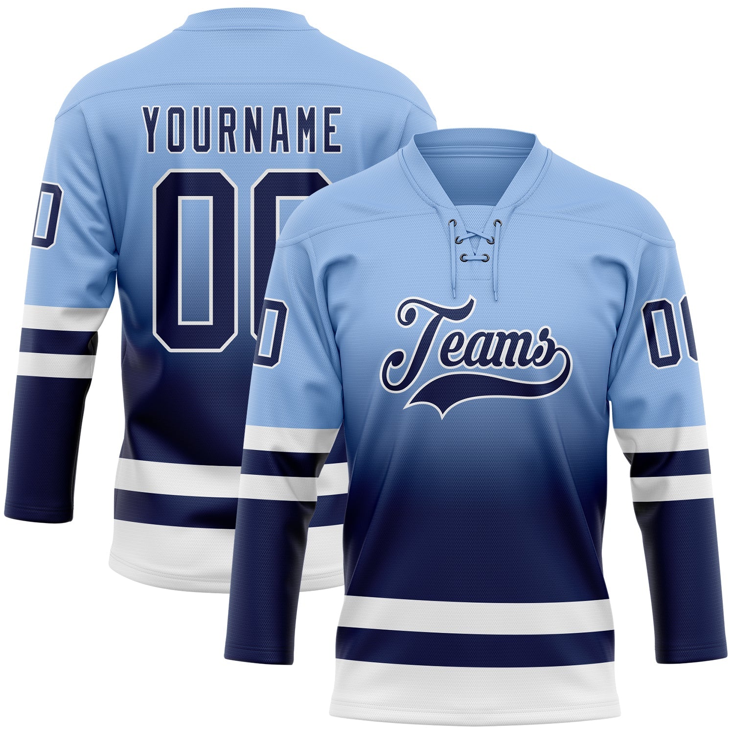 Custom Light Blue Navy-White Fade Fashion Hockey Lace Neck Jersey