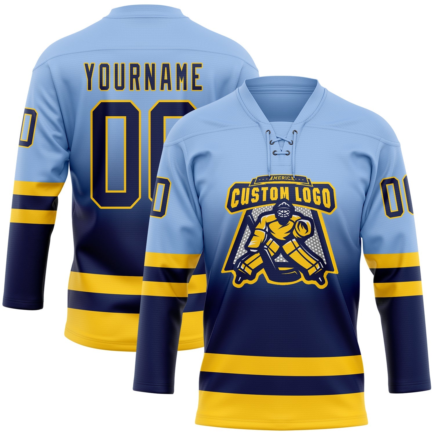 Custom Light Blue Navy-Yellow Fade Fashion Hockey Lace Neck Jersey