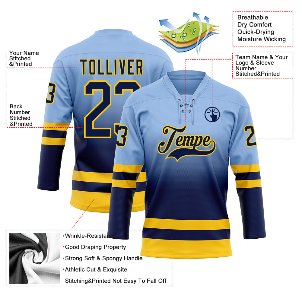 Custom Light Blue Navy-Yellow Fade Fashion Hockey Lace Neck Jersey