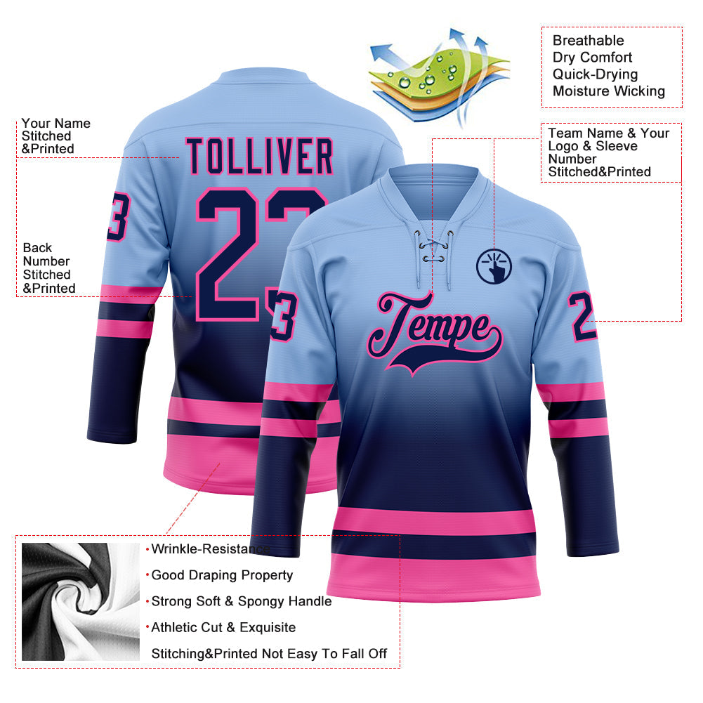 Custom Light Blue Navy-Pink Fade Fashion Hockey Lace Neck Jersey