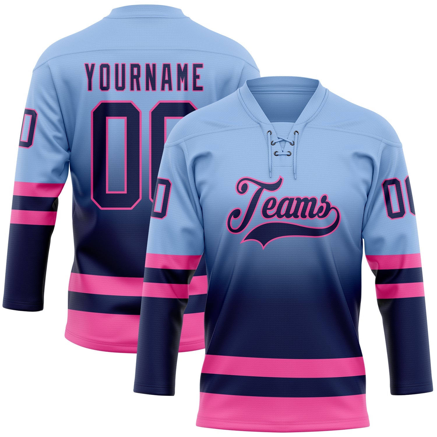 Custom Light Blue Navy-Pink Fade Fashion Hockey Lace Neck Jersey
