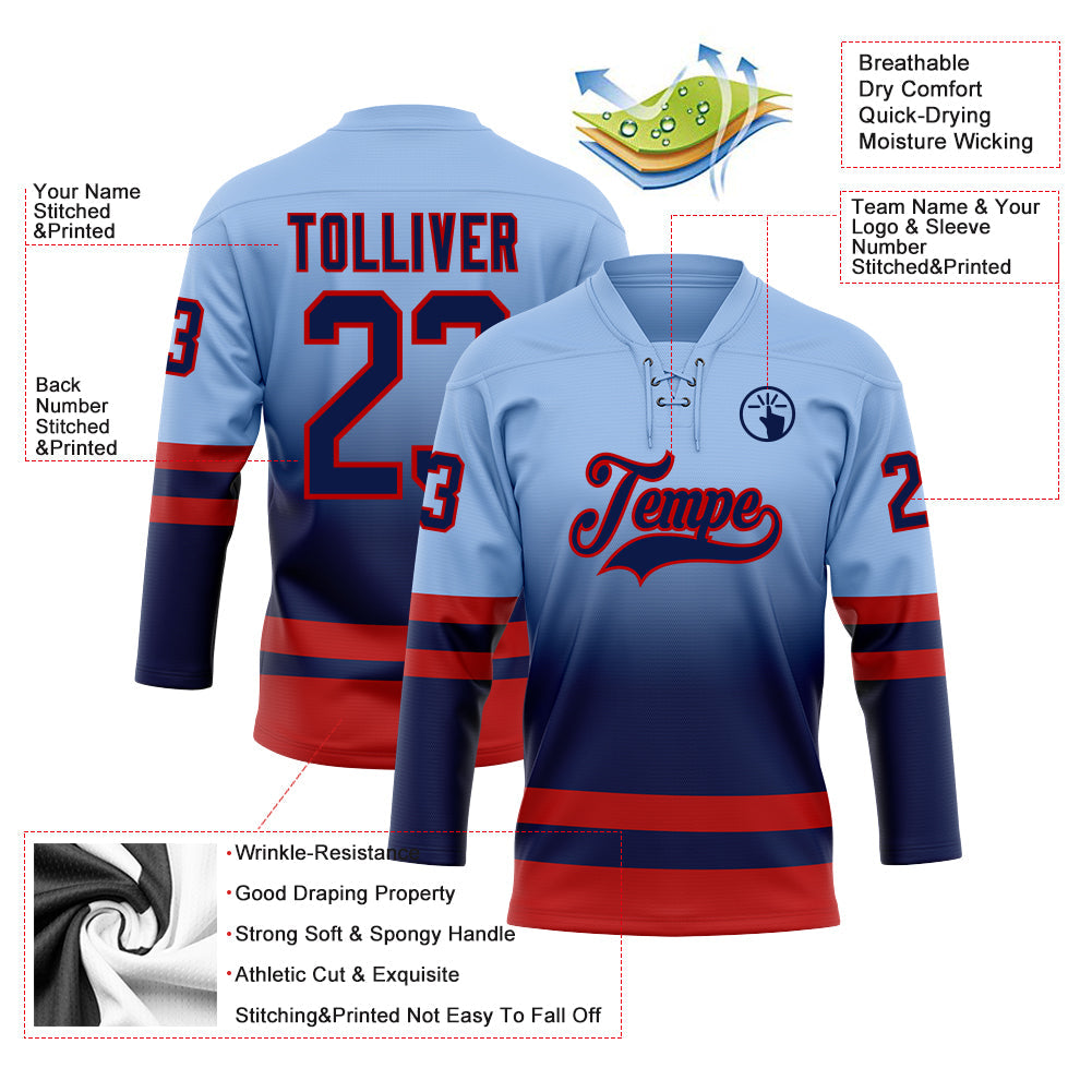 Custom Light Blue Navy-Red Fade Fashion Hockey Lace Neck Jersey